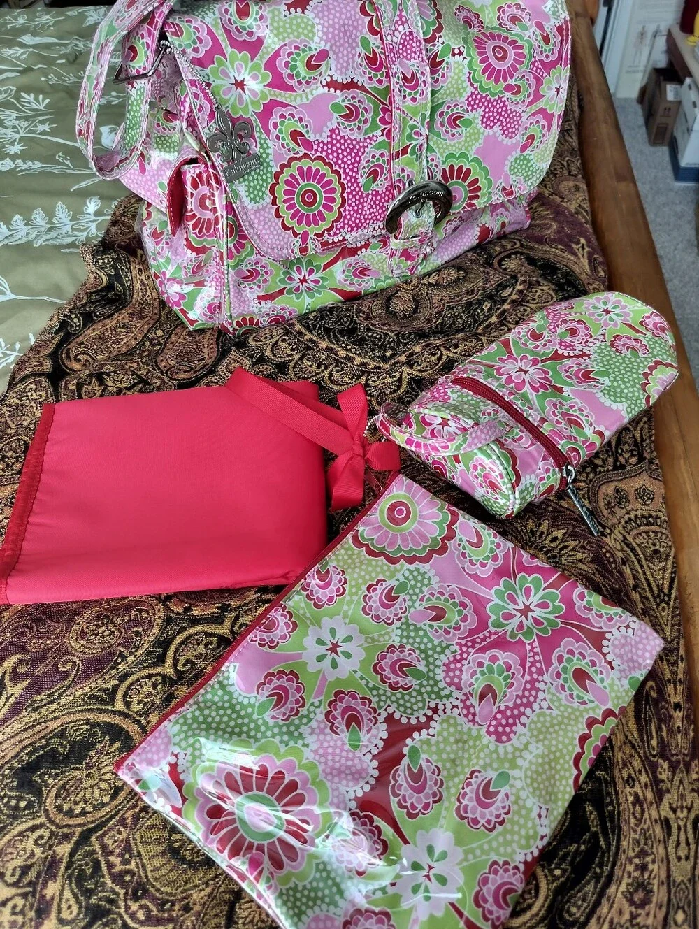 Kalencom Laminated Buckle Diaper Bag Set - Gypsy Paisley Cotton Candy NWOT 2012